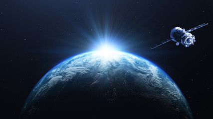 Earth planet sunrise with satellite viewed from space , 3d render of planet Earth, elements of this image provided by NASA