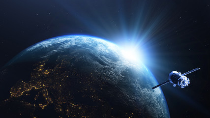Wall Mural - earth planet sunrise with satellite viewed from space , 3d render of planet earth, elements of this 