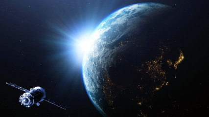 Wall Mural - earth planet sunrise with satellite viewed from space , 3d render of planet earth, elements of this 