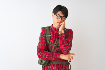 Sticker - Chinese hiker man wearing backpack canteen glasses over isolated white background thinking looking tired and bored with depression problems with crossed arms.