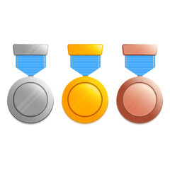 Award winning blank medal realistic icon set of gold, silver and bronze medallions with blue ribbons on white background. Competition success and leadership concept. Vector illustration.