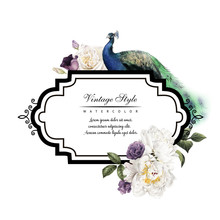 Greeting Card With Flowers And Peacock, Watercolor, Can Be Used As Invitation Card For Wedding, Birthday And Other Holiday And  Summer Background.