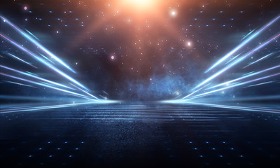 empty dark background scene of the show. neon abstract light, spotlights. light tunnel, corridor, sc