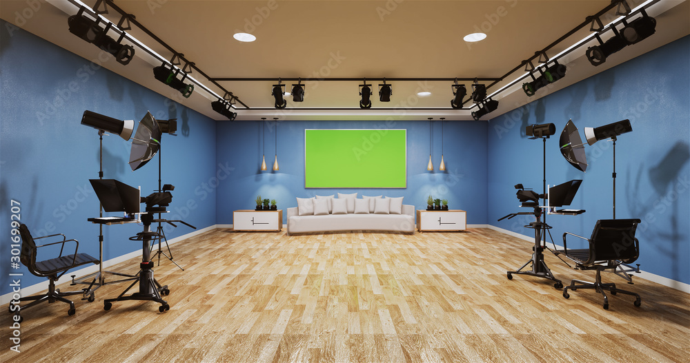 News studio blue room design Backdrop for TV shows.3D rendering - obrazy, fototapety, plakaty 