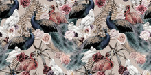 Seamless Floral Pattern With Birds, Watercolor.