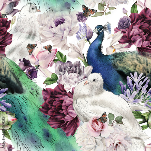 Seamless floral pattern with birds, watercolor.