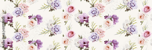 Seamless floral pattern with flowers on light background, watercolor. Templat...