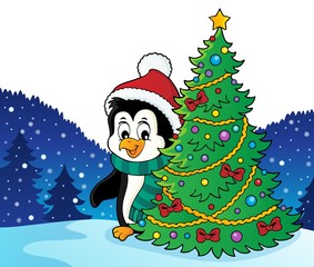 Wall Mural - Penguin with Christmas tree image 2