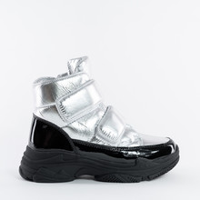 Women Winter Silver Boots Made Of Soft Patent Leather With Velcro Fastener On A White Background