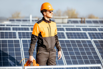 Wall Mural - well-equipped worker in protective orange clothing servicing solar panels on a photovoltaic rooftop 