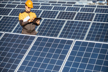 Wall Mural - engineer in protective workwear carrying out service of solar panels with digital tablet on a photov