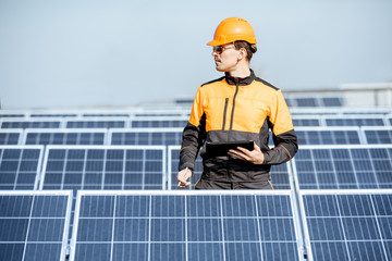 Wall Mural - engineer servicing solar panel on electric plant