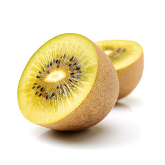 Whole and cut golden kiwifruit/ kiwi (Actinidia chinensis) on white background