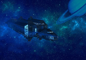 Wall Mural - spaceship in outer space and planet saturn. 3d rendering.