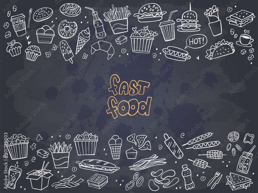Frame of fast food doodles on chalkboard. Vector illustration. Perfect ...