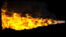 Animated Realistic Streams Of Fire With Black Smoke Similar To A Shot From A Flamethrower, Exhaust From A Rocket Engine Or The Flame Of A Fire-breathing Dragon. 3D Rendering