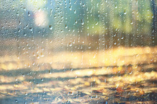 Background Wet Glass Drops Autumn In The Park / View Of The Landscape In The Autumn Park From A Wet Window, The Concept Of Rainy Weather On An Autumn Day