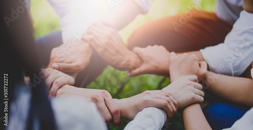 Fotografía Panoramic group people hands were collaboration to trust in business success concept of teamwork partnership in company