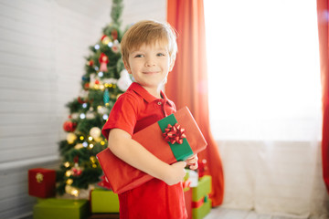 Wall Mural - Cute little boy of about five year with a gift in a decorated Christmas room with a xmas tree.