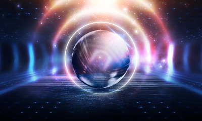 A transparent glass ball with reflection in the center of an abstract dark background. Smoke, empty scene background. 3D illustration