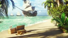 Sand, Sea, Sky, Clouds, Palm Trees And A Clear Summer Day. Pirate Frigates Docked Near The Island. Pirate Island And Chests Of Gold. 3D Rendering