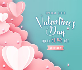 Wall Mural - Valentines day sale background in trendy paper cut style. Paper clouds, hearts and realistic pearls border frame. Template sale banner, text offer 50 off