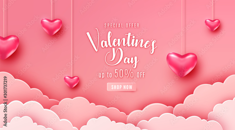 Happy valentines day greeting background in papercut realistic style. Paper clouds, flying realistic heart on string. Pink banner party invitation template. Calligraphy words text sign on copy space - obrazy, fototapety, plakaty 