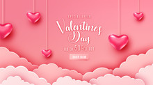Happy Valentines Day Greeting Background In Papercut Realistic Style. Paper Clouds, Flying Realistic Heart On String. Pink Banner Party Invitation Template. Calligraphy Words Text Sign On Copy Space
