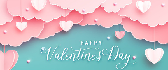 Wall Mural - Happy valentines day greeting background in papercut realistic style. Paper hearts, clouds and pearls on string. Pink love banner party invitation template. Calligraphy words text sign on copy space