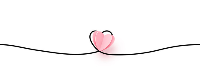 Wall Mural - continuous line heart shape border with realistic paper heart on white background for valentines, wo