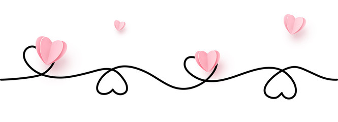 Wall Mural - continuous line heart shape border with realistic paper heart on white background for valentines, wo