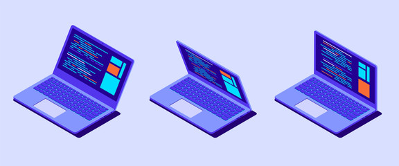 Isometric laptop with program code on screen. Laptop isolated. Vector