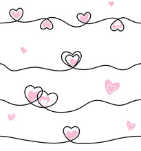 Seamless Line Heart Pattern. Cute Style Background With Pink Hearts And Black Lines On White Backdrop