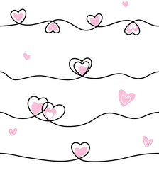 Wall Mural - seamless line heart pattern. cute style background with pink hearts and black lines on white backdro