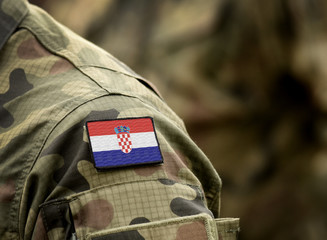 Sticker - Flag of Croatia on military uniform. Army, troops, soldiers. Collage.