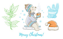 Christmas Doodle Polar Bear Animal, Santa Hat, Holly Set. Cute Watercolor Hand Drawing Collection. Poster, Greeting Card, Design Element. Vintage Graphic, Vector Illustration Isolated White Background