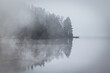 canvas print picture - Mystischer Nebel vor einer Insel in einem See mit vielen dunklen Bäumen