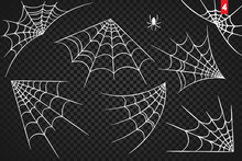 Cobweb Set For Halloween Design, Isolated On Dark Transparency Background. Vector Illustration