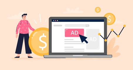 Pay Per Click or Display advertising concept. Web developer set advertising to gain more money to the business. Flat vector illustration. Good for banners, ads, landing pages or articles.