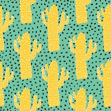 Yellow Cactus Seamless Pattern On Green Background. Cacti Doodle Vector Illustration.