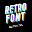 Original typeface. Retro Font 90's, 80's with colorful layers and VHS effect. Vector abc alphabet.