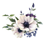 Picturesque arrangement of anemones, berries and clematises hand drawn in watercolor isolated on white background. Watercolor illustration. Ideal for creating invitations, greeting and wedding cards