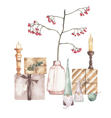 Wall Mural - Watercolor christmas compositions with vase branches xmas ball envelope candle gifts isolated on white background. Xmas new year cosy winter holiday illustration for greeting card design
