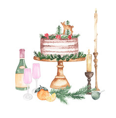 Wall Mural - Watercolor christmas compositions with cake champagne oranges candle isolated on white background. Xmas new year cosy winter holiday illustration for greeting card design