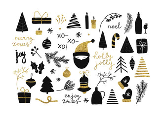 Wall Mural - Set of christmas new year winter black icons with gold texture xmas tree, gifts, balls, snowflake, leaves, branch, berries, santa isolated on white. Vector illustration doodle hand drawn flat style
