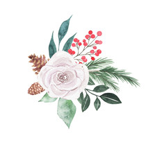 Watercolor Christmas Bouquet Arrangement With Roses Fir Branches Berries Green Leaves Plant Herb Winter Flora Isolated On White Background. Botanical Greenery Xmas New Year Holiday Illustration