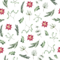 Wall Mural - Watercolor winter seamless pattern with christmas fir branches Holly Jolly mistletoe isolated on white background. Xmas new year holiday illustration for fabric textile
