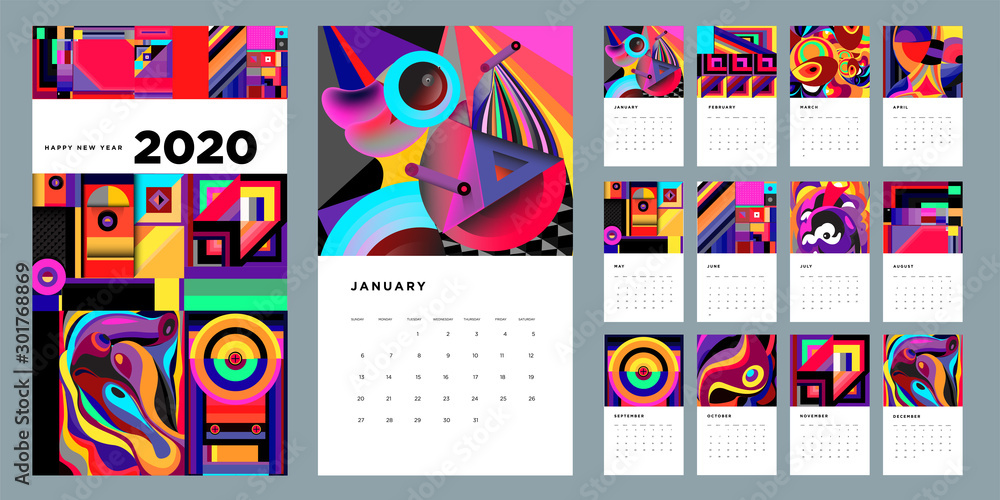2020 new year calendar design template with colorful abstract liquid ...