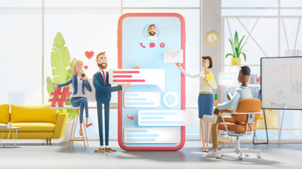 Wall Mural - application development and social media concept. 3d illustration. cartoon characters. business team