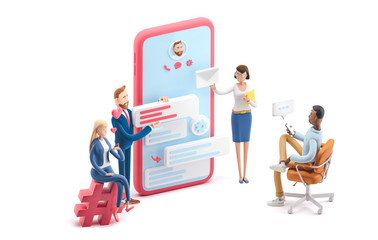 Wall Mural - application development and social media concept. 3d illustration. cartoon characters. business team